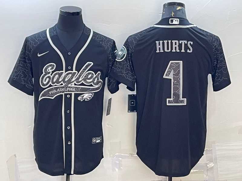 Mens Philadelphia Eagles #1 Jalen Hurts Black Reflective With Patch Cool Base Stitched Baseball Jersey